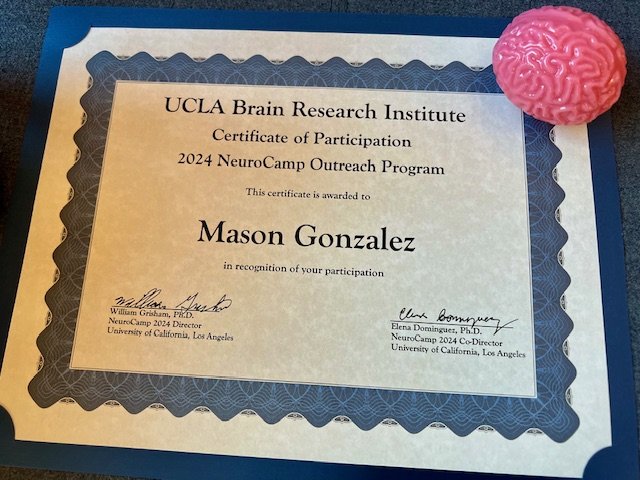 Mason's certificate of participation in the NeuroCamp at UCLA